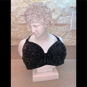 Black beaded Bra sexy top size says 34 small padded cup adjustable strap